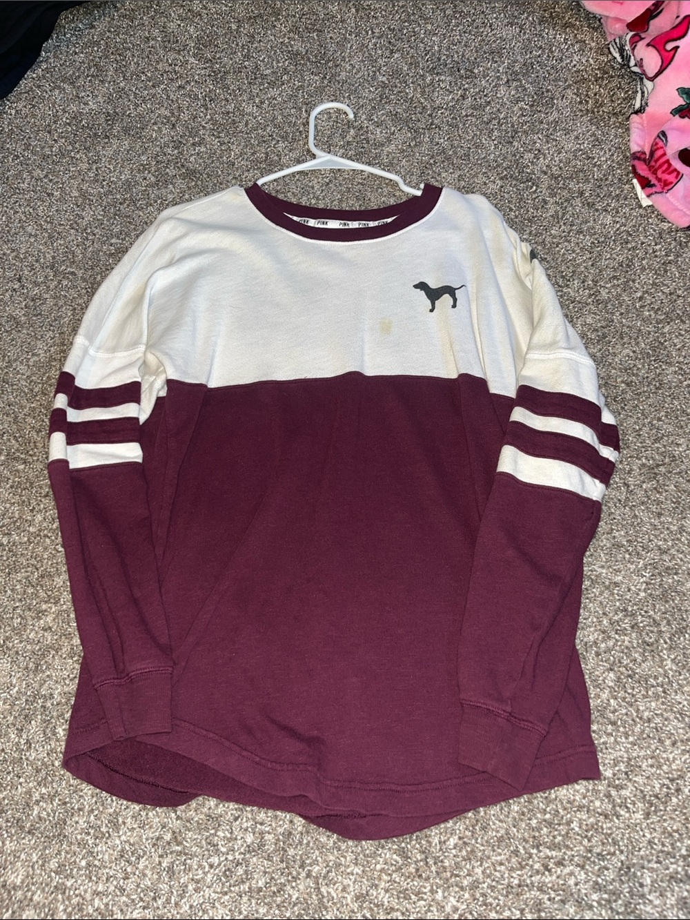 PINK Victoria's Secret Maroon and Cream Long-Sleeve Colorblock Tee